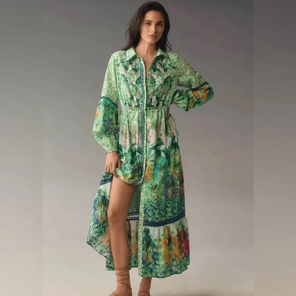 Anthropologie Long-Sleeve Printed Maxi Shirt Dress Jungle Print - Picture 2 of 14